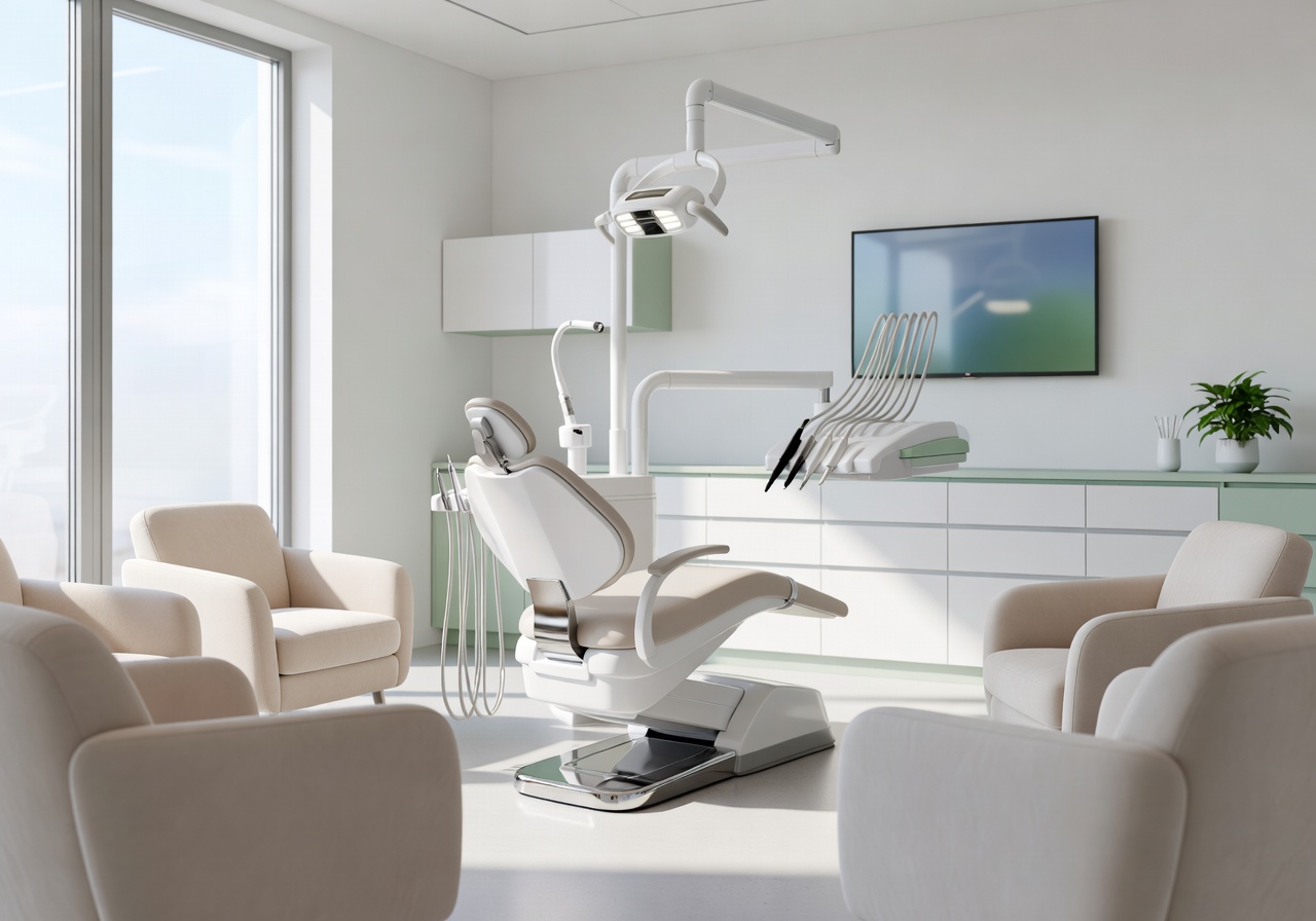 Bright modern dental treatment room with natural light and soft seating