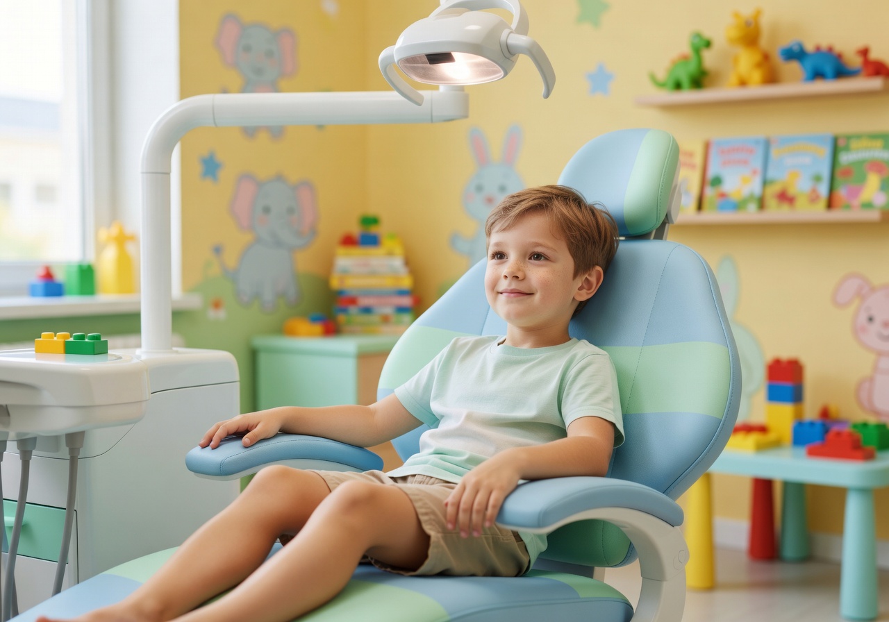 Child sitting comfortably in dental chair during pediatric visit