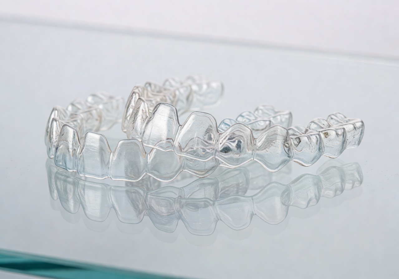 Clear Invisalign aligners on a clean surface