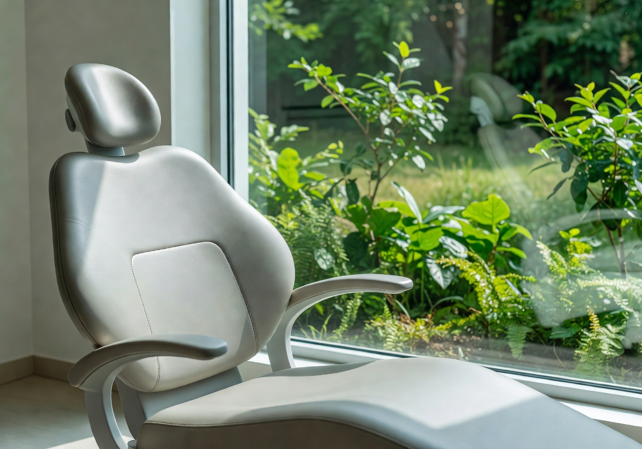 Close up of dental chair beside a window with greenery