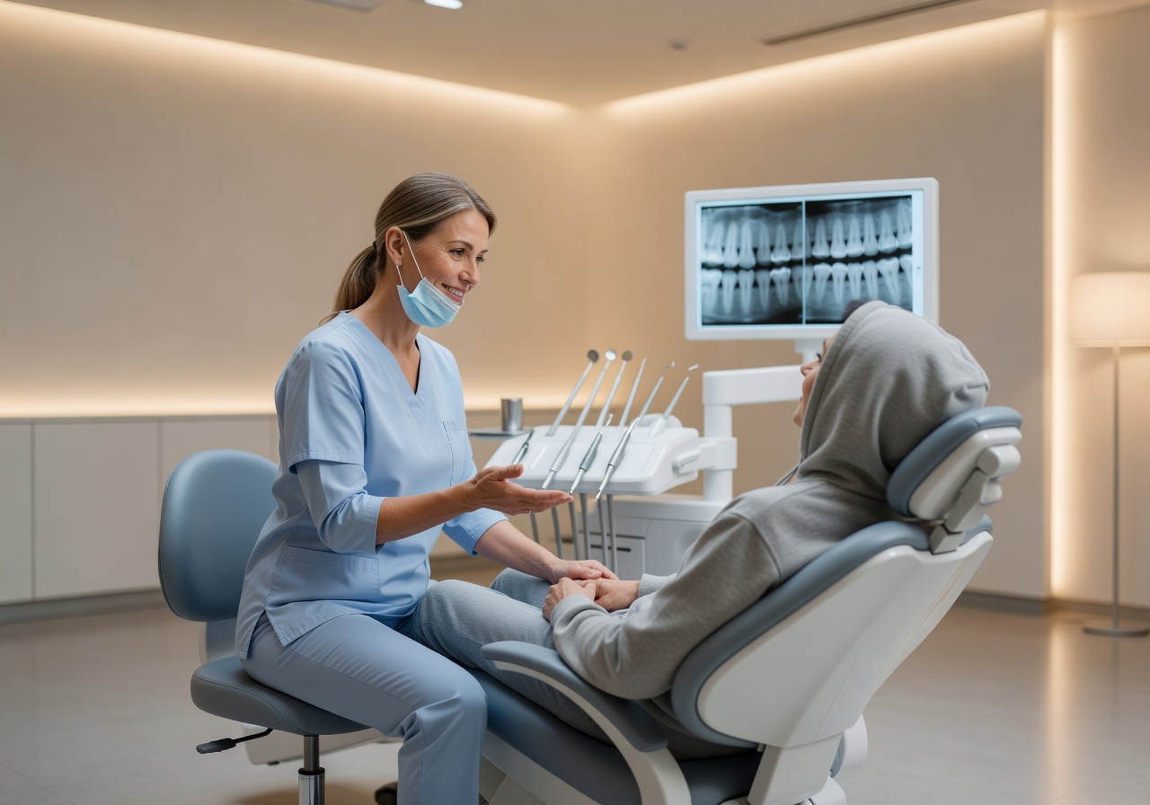 Dentist gently consulting a patient in a softly lit office