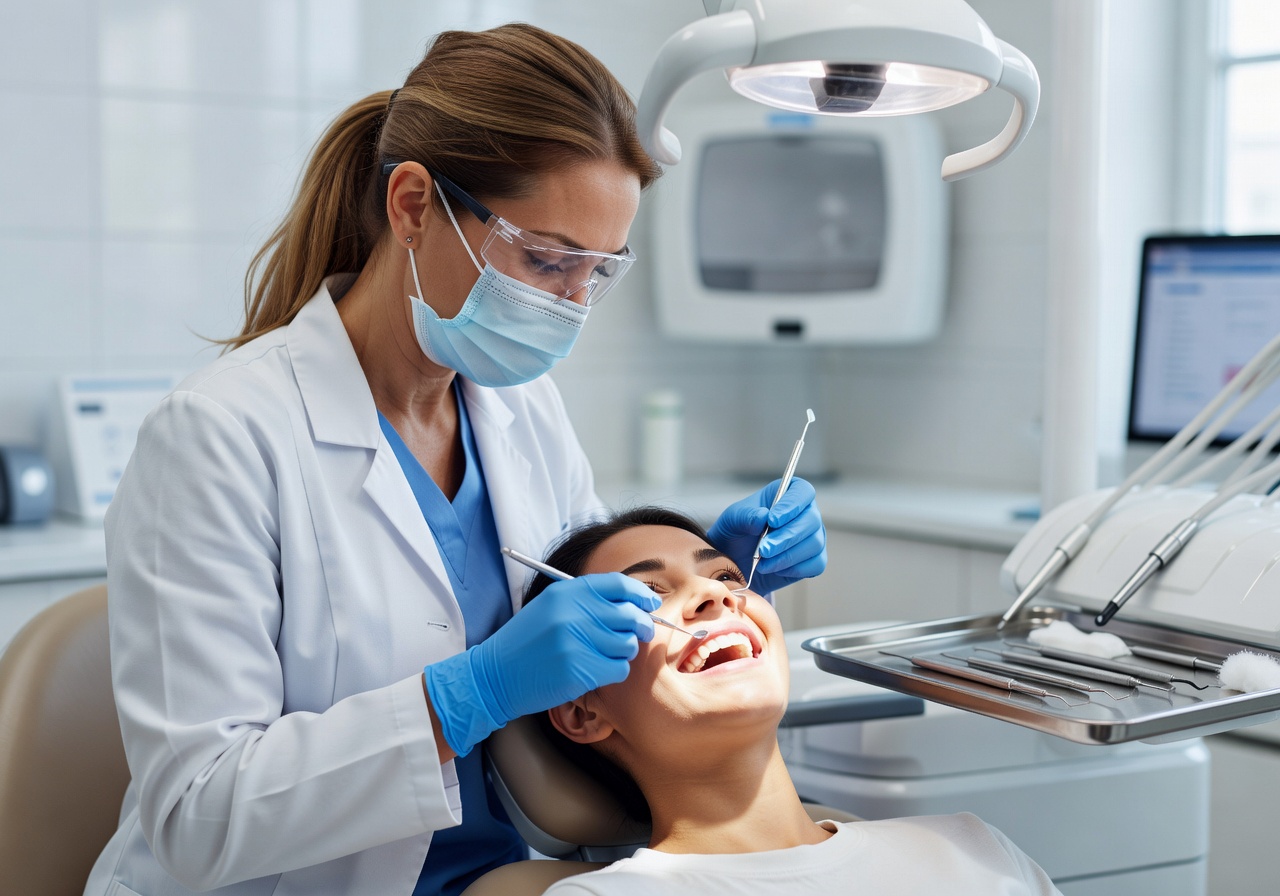 Dentist performing routine cleaning on smiling patient