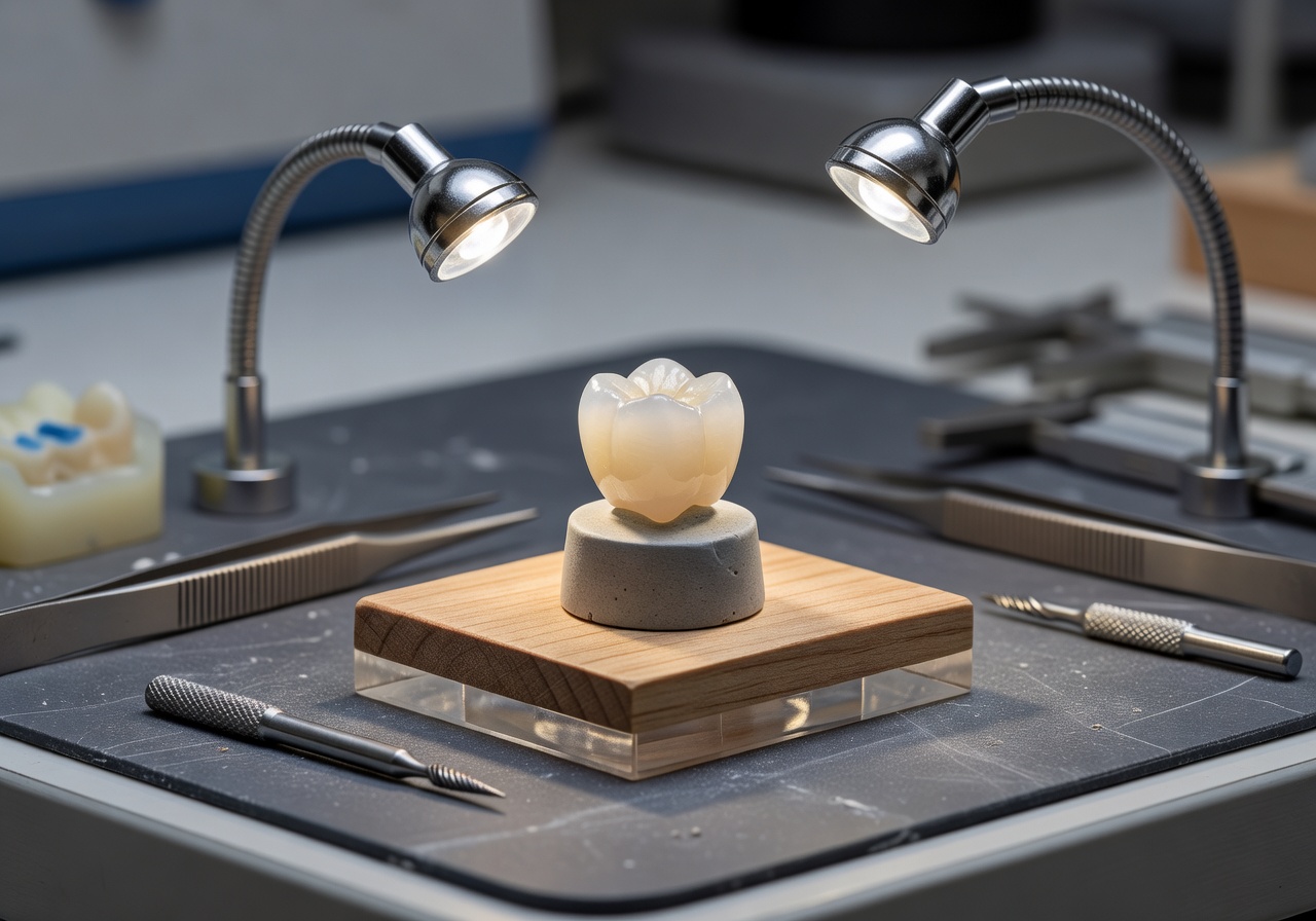 Detailed dental crown model on a workbench