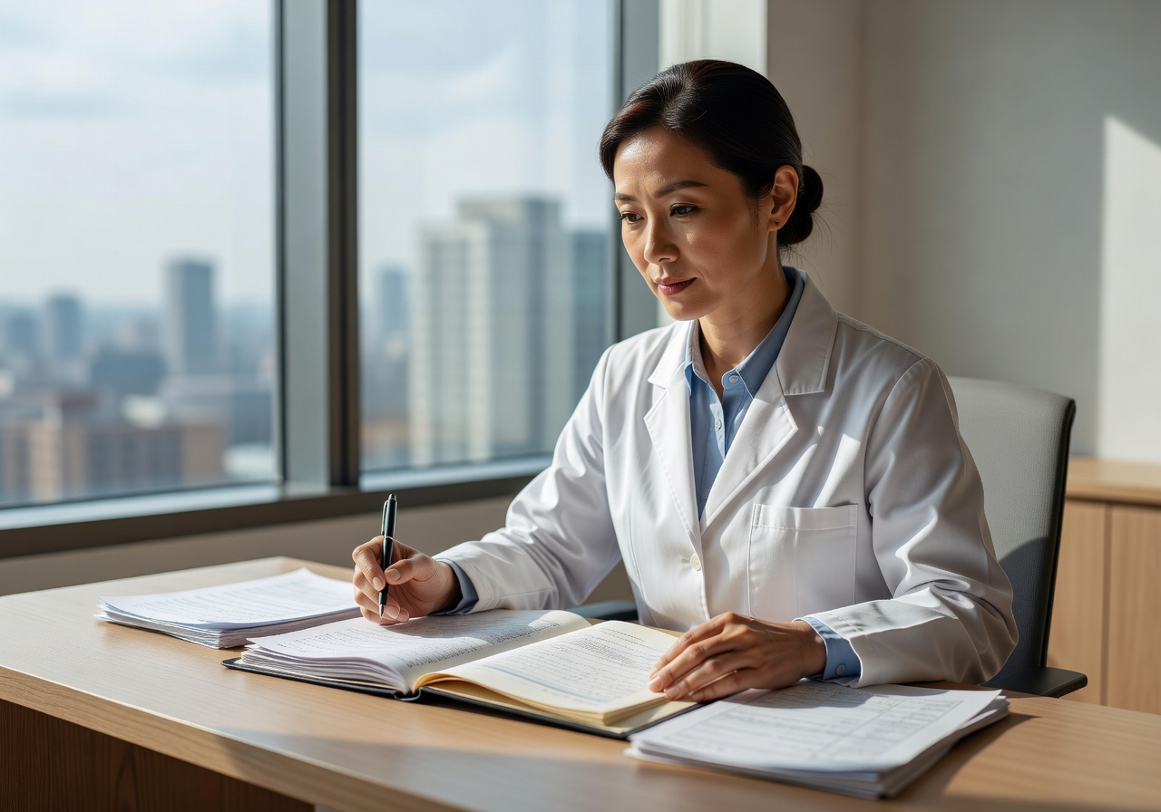 Founding dentist Dr. Amelia Chen reviewing patient notes by a window