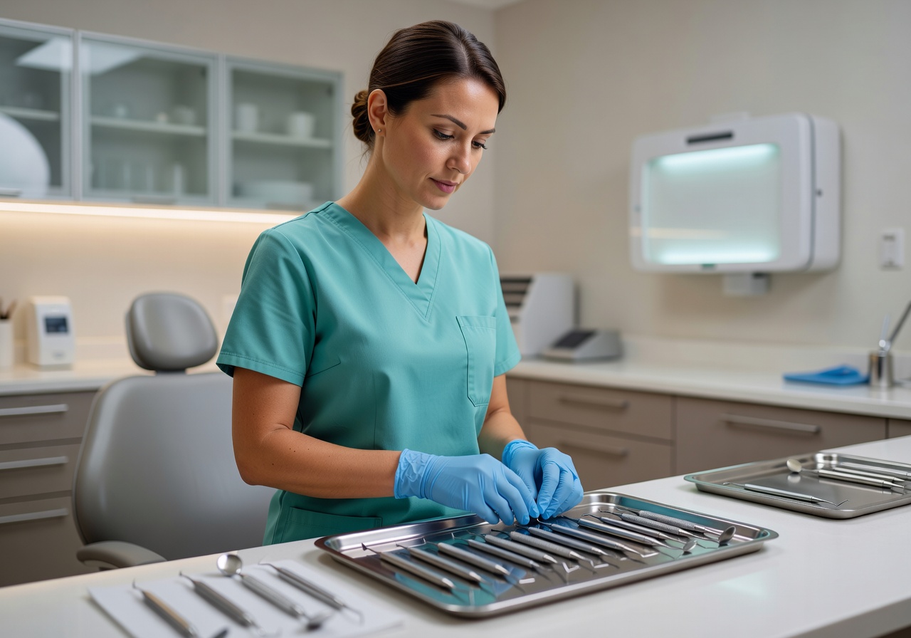 Hygienist preparing tools in a softly lit treatment room