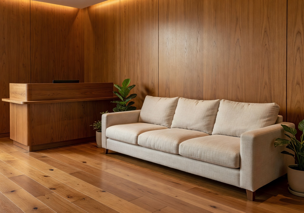 Reception area with linen sofa and warm wood tones
